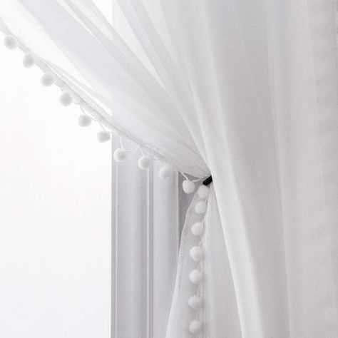 MISS SELECTEX Linen Look Pom Pom Tasseled Sheer Curtains - Rod Pocket Voile Semi-Sheer Curtains for Living and Bedroom, Set of 2 Curtain Panels (52 x 84 inch, White) : Amazon.co.uk: Home & Kitchen White Curtain Rod, Blush Curtains, Pom Pom Curtains, Voile Panels, Living Room Drapes, White Drapes, Tassel Curtains, Net Curtains, Voile Curtains