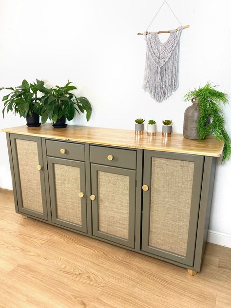 Green Sideboard, Rattan Webbing, Blue Chest Of Drawers, Sideboard Tv, Rattan Sideboard, Pine Sideboard, Retro Sideboard, Painted Sideboard, Furniture Rehab