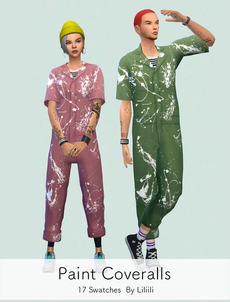 MMOutfitters - liliili-sims: Paint Coveralls Male Ver. & Female... Sims 3 Conversions, Painter Outfit, Sims 4 Men Clothing, Los Sims 4 Mods, Sims 4 Male Clothes, Sims 4 Cas Mods, Sims 5, Sims 4 Dresses, Sims 4 Characters