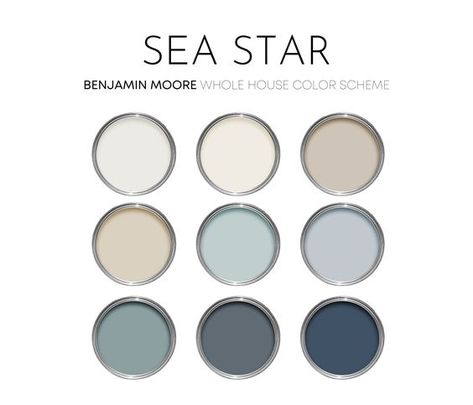 The Sea Star paint palette was professional created with Benjamin Moore paint colors, and features many best-selling colors. I have carefully selected a range of 9 colors for this palette, and included options for walls, trim, furniture, cabinets and doors. Benjamin Moore has hundreds of paint colors, each with their o California Coastal Paint Colors, Benjamin Moore Stillwater, Benjamin Moore Kitchen Paint Colors, Benjamin Moore Sea Star, Benjamin Moore Baltic Sea, Sea Star Paint Color, Sea Glass Paint Colors, Hallway Paint Colours, Beach House Color Palette Benjamin Moore