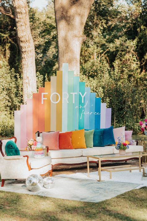 Chic, girly & colorful 40th birthday party featuring white farm tables, rainbow ombre tablescape, vintage goblets, disco balls and vibrant lounge #stockroompicks #weddinglounge #birthdaylounge #vintagerentals #specialtyrentals #weddinginspo #eventlounge #whitefarmtable #farmtables #40thbirthday #birthdayparty #weddingflorist #40 #overthehill #girlparty #confetti #rainbow Modern Gardening, Balloons Galore, Gardening Tips For Beginners, Modern Gradient, Gold Dining Chairs, Selfie Wall, Rainbow Birthday Cake, Colorful Birthday Party, 40th Birthday Party