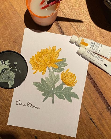 Diana Barrera on Instagram: “A chrysanthemum that I painted a while ago! Now it’s sitting in my living room 👩🏼‍🎨 . . . . . #gouache #gouachepainting #chrysanthemum…” Watercolour Chrysanthemum, Chrysanthemums Drawing, Chrysanthemum Illustration, Chrysanthemum Drawing, Chrysanthemum Painting, Yellow Chrysanthemum, Chrysanthemum Flower, Water Painting, Chrysanthemum