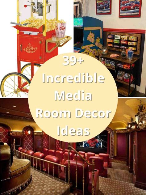 39+ Incredible Media Room Decor Ideas - PinkPopDesign Cinema Room Ideas Decor, Diy Movie Room Decor, Theatre Room Decor Ideas, Retro Media Room, Movie Theatre Bedroom Ideas, Movie Theme Room Decor, Cinema Living Room Ideas, Media Room Wall Decor, Game And Movie Room Ideas