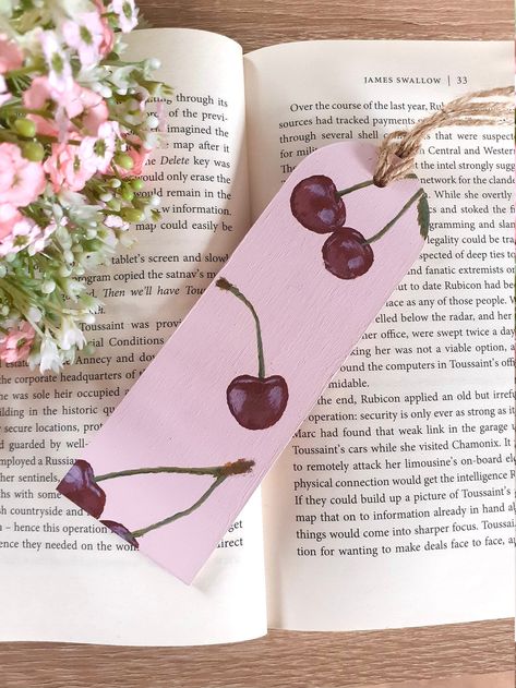 Cherry Bookmark, Painted Cherries, Cherry Painting, Aesthetic Bookmark, Cherries Painting, Wooden Bookmarks, Envelope Gift, Diy Photo Book, Pink Marshmallows