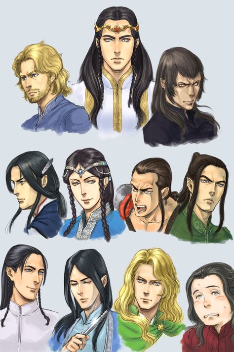 Turgon (King) and the Lords of Gondolin by Kamehame: L-R Top row -Tuor, Turgon, Maeglin. 2nd row - Duilin, Egalmoth, Rog, Galdor. Bottom row - Penlod, Ecthelion, Glorfindel, Salgant. Ecthelion Art, Gondolin Lords, Glorfindel And Ecthelion, Ecthelion And Glorfindel, Lotr Glorfindel, Turgon Of Gondolin, Glorfindel Art, Tolkien Artwork, Lotr Elves