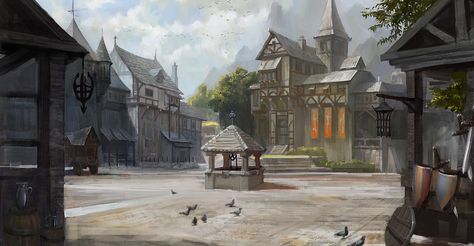 Janholt European Town, Elder Scrolls Art, Fantasy Town, Medieval City, Concept Art World, Medieval Village, Forest City, Elder Scrolls Online, The Elder Scrolls