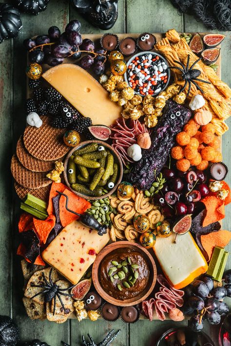 A Spooky Halloween Charcuterie Board • Sunday Table Autumn Charcuterie Board, Autumn Charcuterie, Fall Girls Night, Wedding Grazing Table, Halloween Party Menu, Wine And Cheese Night, Seasoned Nuts, Halloween Dinner Ideas, Hosting Friendsgiving