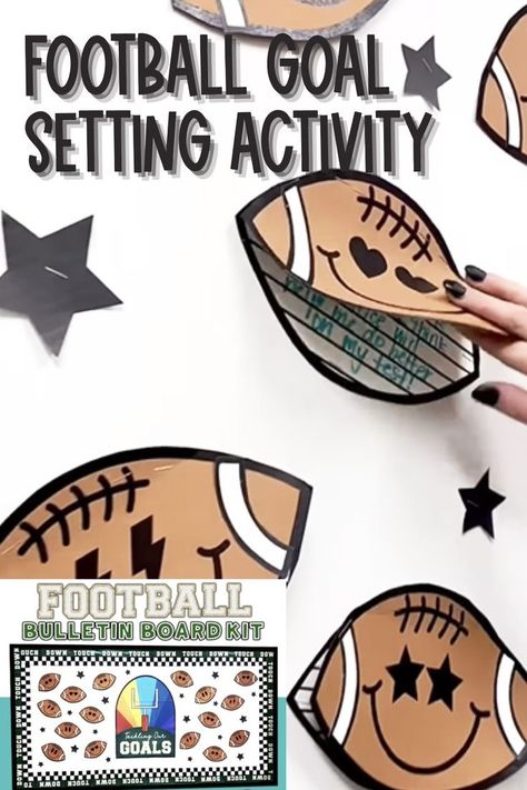 This is such a great craftivity to do when it is time to have your students set some goals! We love to do this around Superbowl Sunday because students get so excited about the game and we love to tie in how EVERYONE sets goals in their lives! This goal setting bulletin board kit would be great to do as a back to school bulletin board, plus it's football season in the Fall! Grab this for the goal-setting activity or use the whole football bulletin board kit. Football Bulletin Boards, Goal Setting Bulletin Board, Goals Bulletin Board, Cute Bulletin Boards, Goal Setting Activities, Fall Bulletin Board, Superbowl Sunday, Fall Bulletin Boards, Game Day Football