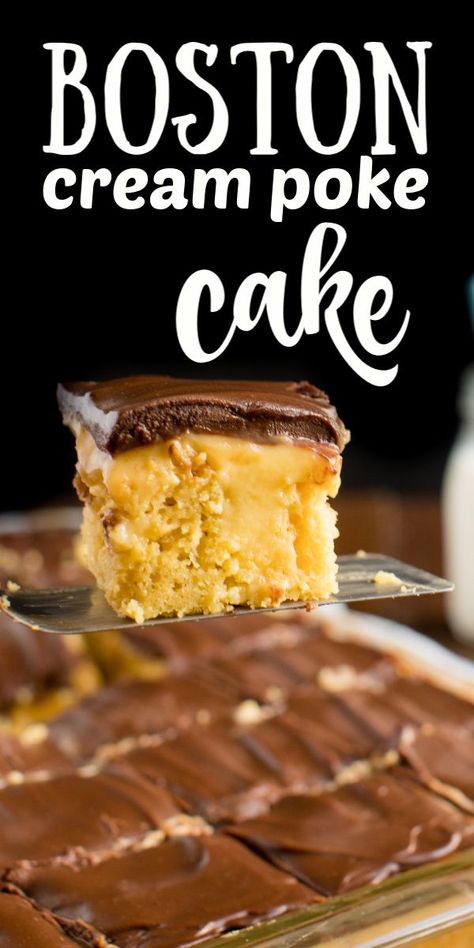 Boston Cream Poke Cake Recipe, Boston Cream Pie Poke Cake, Cream Poke Cake, Boston Cream Poke Cake, Kids Desserts, Boston Cream Cake, Poke Cake Recipe, Peanut Butter Banana Muffins, Boston Cream Pie