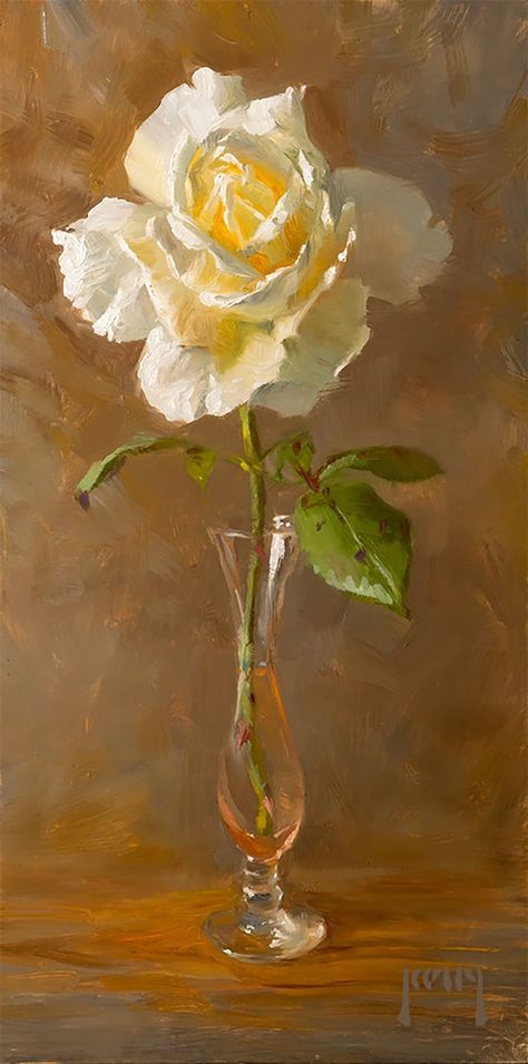 Alex Kelly · White rose in a vase. Oil on panel. 8x16” Drawing Oil Painting, Collage Sculpture, Rose Oil Painting, Watercolor Workshop, Rose Vase, Painting Workshop, Ceramics Pottery, Plein Air Paintings, Art Workshop