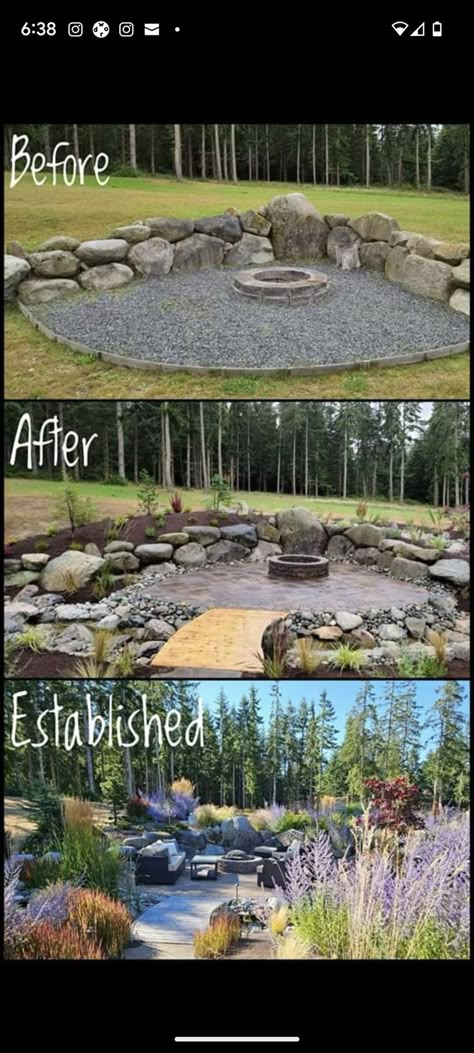 Fire Pit Designs Seating Areas, Sheltered Fire Pit Area, Sitting Area Outside Backyards, Fire Pit Oasis, Fire Pit Layout Ideas, Garden Design With Fire Pit, Backyard Pergola Fire Pit, Outdoor Landscaping Ideas With Rocks, Fire Pit In Hillside