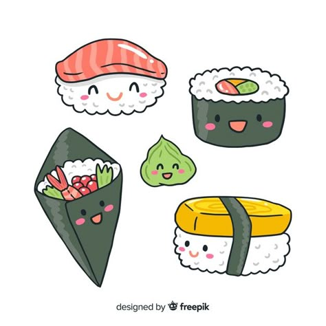 Hand drawn kawaii sushi collection Free Vector Food Drawing Ideas, Sushi Drawing, Doodles Kawaii, Kawaii Sushi, Arte Do Kawaii, Images Kawaii, Cute Food Drawings, Cute Food Art, Easy Doodle Art