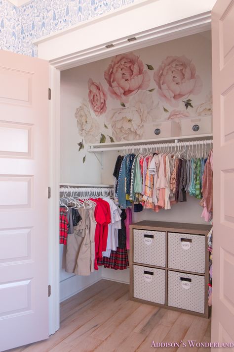 Winter's Little Girl's Closet Organization Makeover with Peony Wall Decals! - Addison's Wonderland-floral-decal-pink-white-green-wallpaper-details-hard-wood-blue-organization Girls Closet Organization, Girls Room Organization, Toddler Closet, Closet Hacks Organizing, Big Girl Bedrooms, Toddler Girl Room, Kids Closet Organization, Wallpaper Disney, Kid Closet