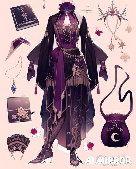 Magic Outfits Drawing, Sorcerer Aesthetic Outfit, Purple Witch Character Design, Galaxy Clothes Drawing, Magical Fashion, Fantasy Astronomy Outfits, Umbra Witch Oc, Alhaitham Inspired Outfits, Dress Concept Art