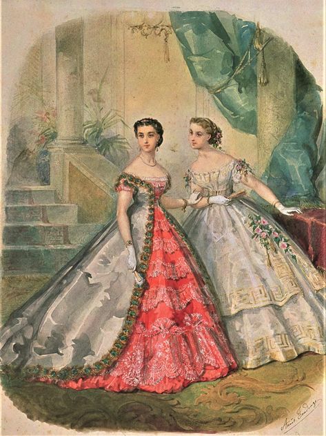 Fashion Plate - La Mode Illustree - 1866 Fashion Printables, 1860s Dresses, Gaun Abad Pertengahan, 1870s Fashion, Victorian Era Fashion, Ancient Dress, 1860 Fashion, 1800s Fashion, Old Fashion Dresses