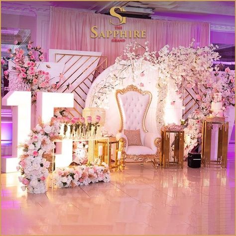 Pink Debut Backdrop, Quince Decorations Pink Flowers, Debut Decorations 18th, Pink Quinceanera Throne, Quinsañera Decorations, Pink And White Quinceanera Decorations, Venue Decorations Quinceanera, Pink And Rose Gold Quinceanera, Quince Venues Pink