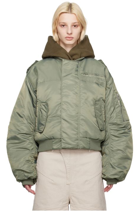 Entire Studios: SSENSE UK Exclusive Khaki A-2 Bomber Jacket | SSENSE Entire Studios, Band Collar, Jacket Design, Outerwear Women, Down Jacket, Rib Knit, Coats For Women, Denim Jacket, Bomber Jacket