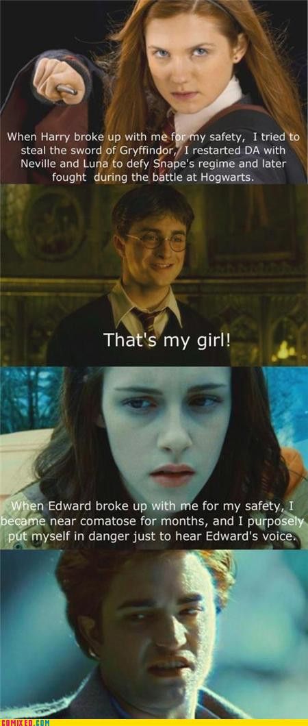 I bet Harry-Ginny is making Sparkly Cedric really miss Cho Chang.... Twilight Harry Potter, Harry Potter Vs Twilight, Harry Potter Twilight, Citate Harry Potter, Glume Harry Potter, Twilight Memes, Twilight Book, Images Harry Potter, Funny Disney