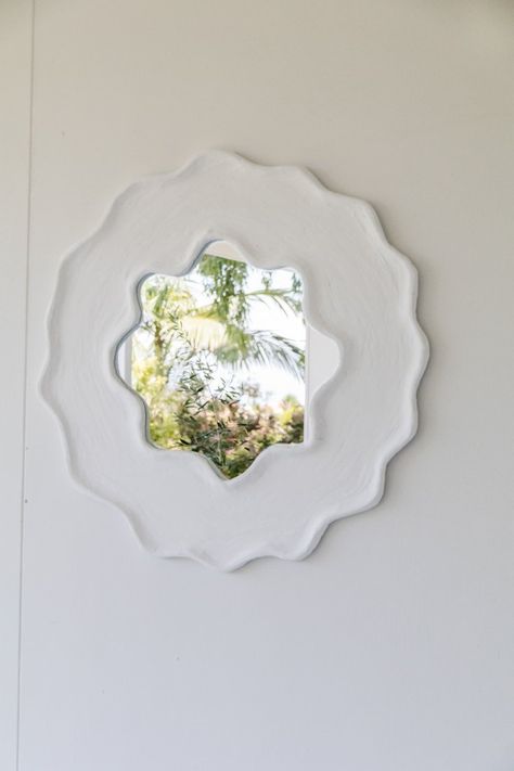 Upcycled Wavy Plaster Mirror — Smor Home White Plaster Mirror, Wavy Mirror Frame Diy, Diy Plaster Mirror, Frame Matting Ideas, Plaster Mirror, Oversized Clocks, Detail Sander, Drywall Art, Plaster Paint