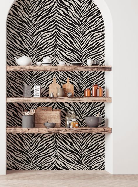 Bring the Savanna right into your home with this stunning Zebra Print Wallpaper from Simple Shapes.  It's bold, but casual design will make for a beautiful accent in any room.  Printed on a premium adhesive backing, enjoy a mess-free and stress-free experience as you add exotic flair to your walls. Our Peel-and-Stick removable wallpaper is proudly designed and made in the USA! Our wallpaper is ideal for DIY room makeovers without the mess and headaches of traditional wallpaper.  Clean walls and Zebra Print Wallpaper Bedroom, Unique Wallpaper Interior Design, Wallpaper In House Interior Design, Zebra Print Home Decor, Zebra Print Interior Design, Fun Wallpaper Bedroom, Animal Print Interior Design, Zebra Aesthetic Wallpaper, Zebra Pattern Wallpaper