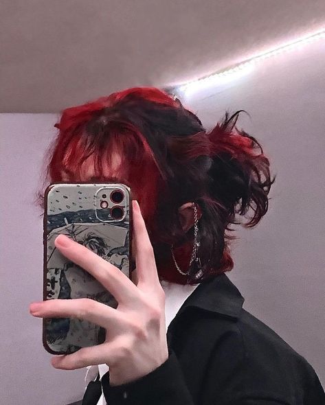 Black And Red Fluffy Hair, Red Hair Dye Ideas, Wedding Hairstyles With Bangs, Long Hair Fashion, Red Hair Boy, Short Dyed Hair, Red Hair Men, Black Red Hair, Black Hair Boy