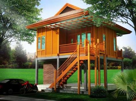 Desain rumah panggung minimalis - Rumahkayumurah Elevated House, Modern Wooden House, Wooden House Design, Bamboo House Design, Cool Tree Houses, House On Stilts, Beach House Plans, Tree House Designs, Village House Design