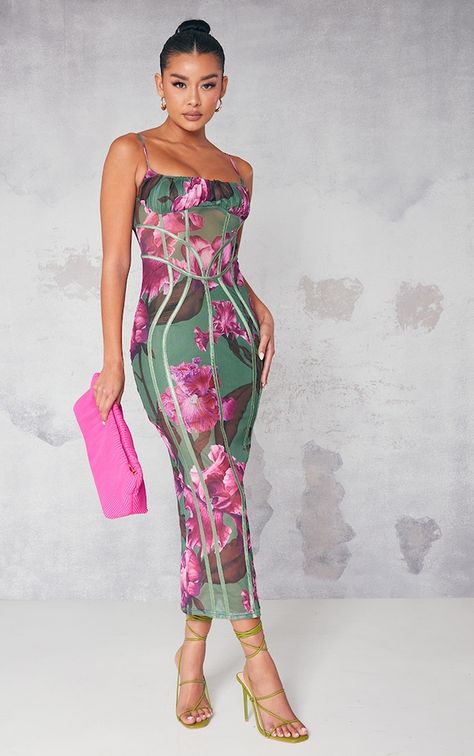 Plt Dresses, Spring Wedding Guest, Spring Wedding Guest Dress, Flora Dress, Tie Up Heels, Midaxi Dress, Green Floral Print, Weekend Wardrobe, Wedding Guest Dress Summer