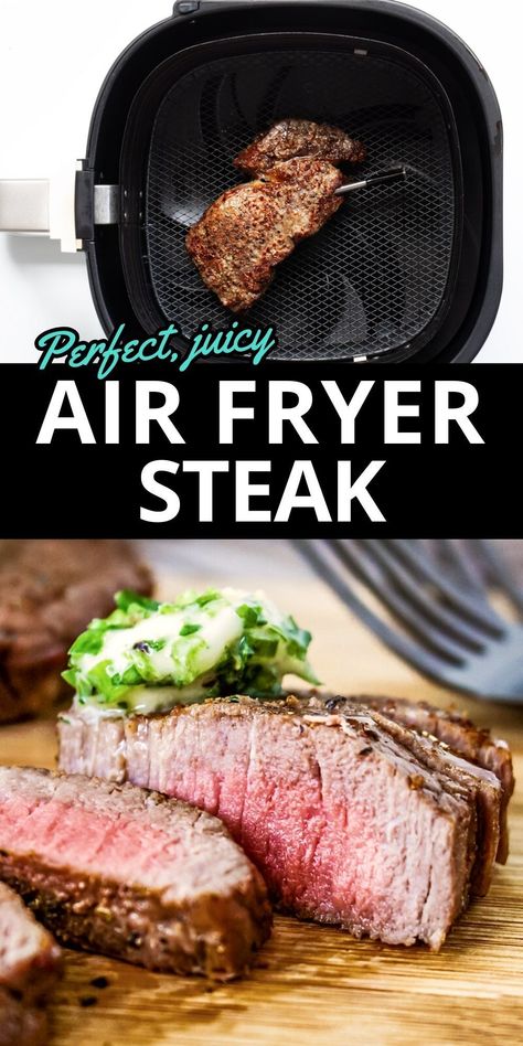 Enjoy tender, juicy steak with little effort with this air fryer steak recipe! Seasoned steaks cook to perfection in the air fryer with beautifully seared exterior, while keeping it tender and juicy inside. With minimal prep and quick cook time, these air fried steaks make for an unbeatably quick and easy weeknight dinner. Perfectly cooked steak is just minutes away thanks to this easy air fryer recipe! How To Air Fry Steak Medium Rare, Medium Rare Air Fryer Steak, Steak In Air Fryer Medium, Steaks In Air Fryer How To Cook, Steak In The Airfryer, Air Fryer Steak Recipes Medium Rare, How To Cook A Steak In The Air Fryer, Sirloin Tip Steak Recipes Air Fryer, Air Fry Sirloin Steak