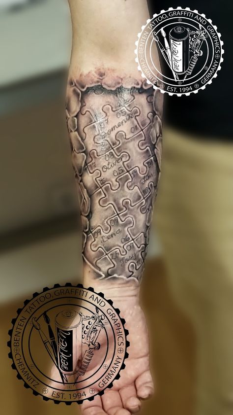 Baby Tattoo For Dads, Min Tattoo, Jigsaw Tattoo, 88 Tattoo, Puzzle Tattoo, Family Sleeve Tattoo, Grandchildren Tattoos, Pixie Tattoo, Puzzle Piece Tattoo