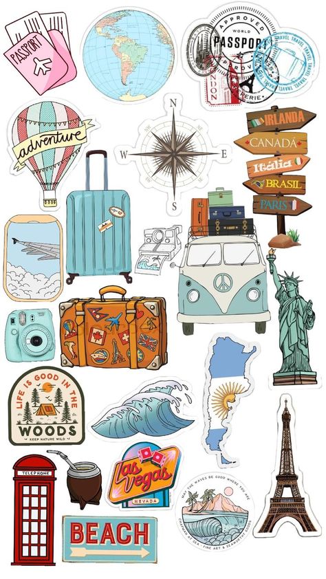 Travel Stickers Printable, Image Girly, Tumblr Sticker, Travel Journal Scrapbook, Travel Collage, Scrapbook Printing, Scrapbook Stickers Printable, Emoji Stickers, Travel Stickers