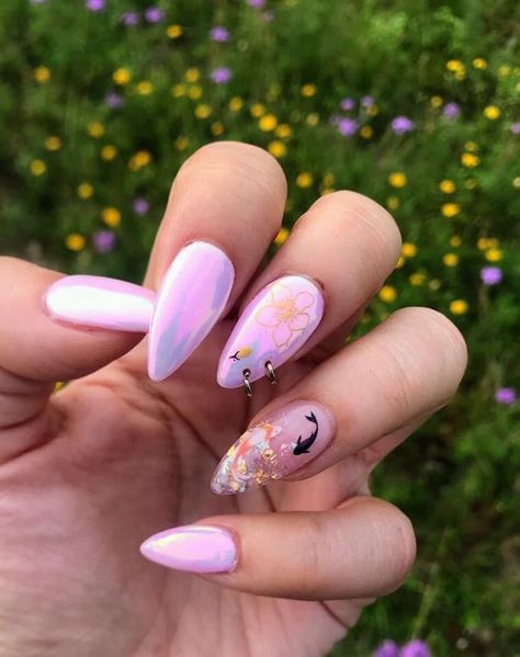 #nails #art #koi #fish #goldfish #pink #chrome #gold #glitter #sakura #cherryblossom #piercing #pierced #unique #style #expression #swag #drip #fashion #flower #floral #inspo #ideas #inspire Fish Art Ideas, Pink Koi Fish, Drip Fashion, Fish Fashion, Fish Goldfish, Pink Chrome, Fish Art, Koi Fish, Nails Art