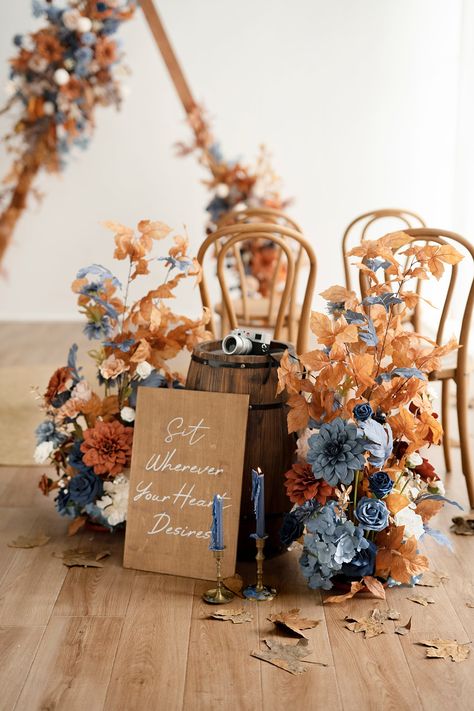 Blue Orange Weddings, Orange Wedding Themes, Rusting Wedding, Wedding Archway, Burnt Orange Weddings, Rose Leaf, Wedding Flower Packages, Entrance Table, Copper Wedding