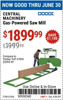 CENTRAL MACHINERY Saw Mill with 301cc Gas Engine for $1899.99 – Harbor Freight Coupons Portable Saw Mill, Power Saw, Saw Mill, Harbor Freight Tools, Harbor Freight, Timber Framing, June 30, Lumber, Coupon Code