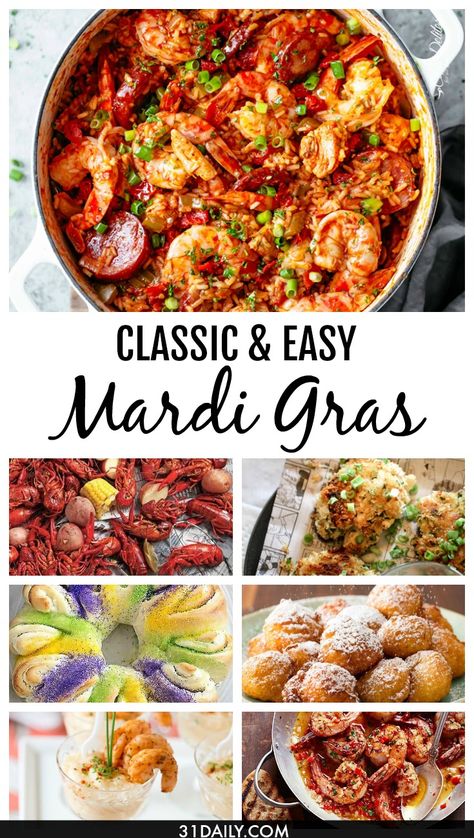 The best of Louisiana and Creole cooking with these easy and classic southern recipes for Mardi Gras. Classic and Easy Mardi Gras Recipes and Ideas | 31Daily.com #mardigras #louisiana #southernrecipes #31Daily #creole Mardi Gras Recipe, Mardi Gras Recipes Easy, Mardi Gras Dinner Party, Mardi Gras Appetizers, Recipes For Party, Mardi Gras Party Food, Mardi Gras Recipes, Mardi Gras Dinner, Classic Southern Recipes