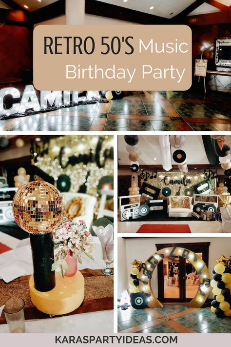 Retro 50’s Music Birthday Party via Kara's Party Ideas - KarasPartyIdeas.com Oldies Party Theme Ideas, Retro Debut Theme, Retro Birthday Decorations, 1950s Birthday Party Theme For Men, Retro Birthday Theme Party Ideas, Retro Music Party, Music Through The Decades Party, Oldies Birthday Party Ideas, 50s Birthday Party Theme For Men