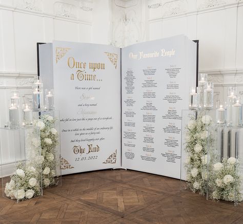 Opulent Wedding Decor | ElegantWedding.ca Fairytale Seating Chart Wedding, Castle Aesthetic Wedding, Fairytale Seating Chart, Disney Themed Wedding Decorations, Romantic Wedding Decor Fairytale, Wedding Sitting Chart, Princess Wedding Theme, Cinderella Quinceanera Themes, Silk Flower Decor