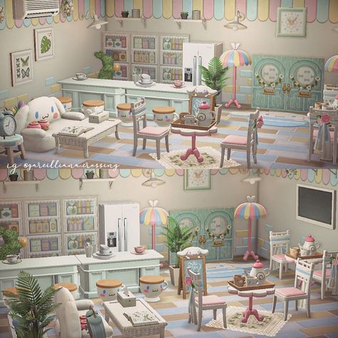 part 2 of my sanrio rooms: Cinnamoroll cafe 🤍 these rooms are seriously so much fun to make, i think the new bunny day items work so well… Cinnamoroll Cafe, My Sanrio, Animal Crossing Cafe, Animal Crossing Designs, Sanrio Room, Animals Crossing, Animal Crossing Qr Codes Clothes, Animal Crossing Game, Island Design