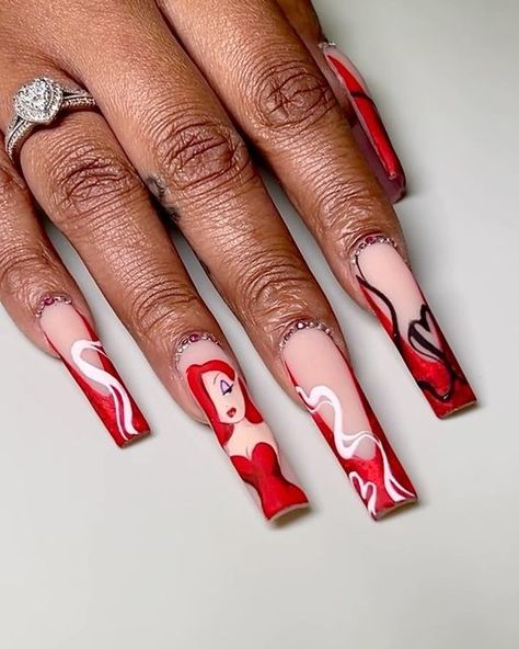 Lij Beauty on Instagram: "Swipe for the progression pics ❤️‍🔥 This was a recreation set #rednails #jessicarabbitnails #cartoonnails #nailart #westchesternails" Jessica Rabbit Inspired Nails, Jessica Rabbit Acrylic Nails, Jessica Rabbit Nails, Funky Nail Designs, Disney Inspired Nails, Cartoon Nails, Brown Acrylic Nails, Vday Nails, Fancy Nail Art