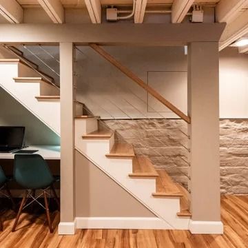 75 Small Basement Ideas You'll Love - March, 2024 | Houzz Under Basement Stairs, Oak Stair Treads, Basement Stair Railing Ideas, Stairs And Storage, Small Finished Basements, Basement Stairs Ideas, Open Basement, Contemporary Basement, Small Basement Ideas