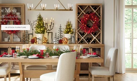 In Stock Furniture Williams Sonoma Christmas, Meranti Wood, Christmas Dining Table Decor, Red Berry Wreath, Christmas Dining Table, Pottery Barn Inspired, Christmas Dining, Kiln Dried Wood, Linear Chandelier