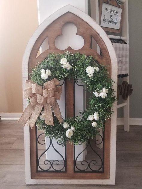 Cathedral Arches Wall Decor, Wall Decor With Clock, Window Frame With Wreath, Farmhouse Window Frame, Frame With Wreath, Arched Wall Decor, Dining Area Decor, Window Wreath, Cathedral Window