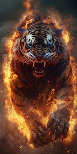 Photo a tiger is burning in flames. | Premium Photo #Freepik #photo Tiger Spirit Animal, Big Cats Photography, Tiger Images, Wild Animal Wallpaper, Tiger Artwork, Tiger Wallpaper, Lion Photography, Tiger Pictures, Spirit Animal Art