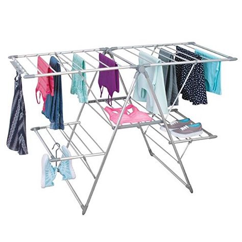 mDesign Expandable Aluminum Clothes Drying Rack for Laundry Room- 5 Shelves, Silver/Gray Indoor Clothes Drying Rack, Window Modern, Modern Laundry Room, Small Laundry Room Makeover, Laundry Room Lighting, Small Laundry Room Organization, Modern Laundry, Laundry Room Closet, Laundry Room Layouts