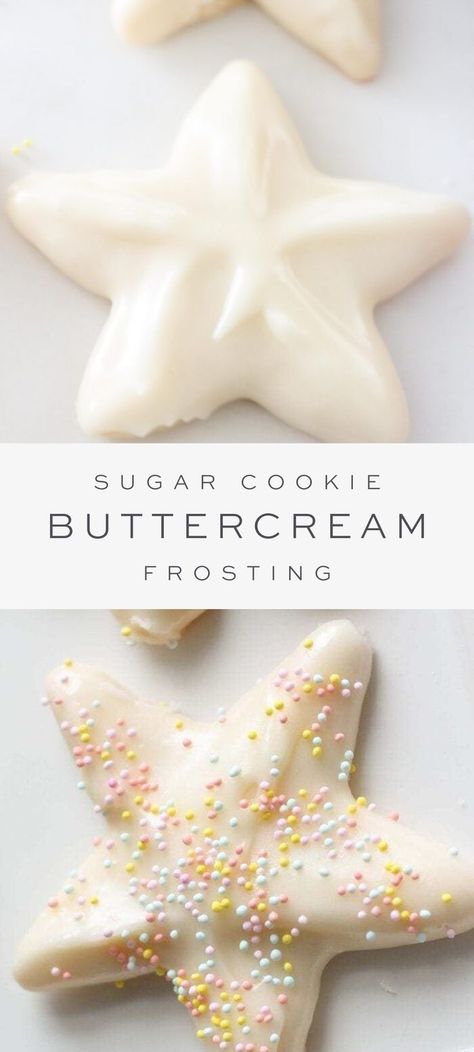 This sugar cookie buttercream frosting goes on smoothly and hardens just like royal icing. Learn how to ice sugar cookies, with yummy buttercream icing, the easy way! Made with just 3 ingredients and 5 minutes to make. #buttercream #frosting #icing #cookies #sugarcookies #buttercreamforsugarcookies #christmascookies #holiday #christmas Cookie Buttercream Frosting, Sugar Cookie Buttercream, Bakery Sugar Cookies, Cutout Sugar Cookie Recipe, Christmas Frosting, Sugar Cookie Buttercream Frosting, Best Sugar Cookie Icing, Sugar Cookie Frosting Recipe, Christmas Cookie Icing