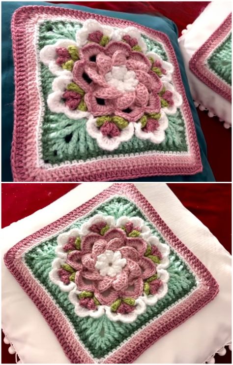 Crochet Granny Square With Spring Flower Succulent Granny Square, Fall Crochet Blanket Granny Squares, Crochet Patterns Flowers, Granny Square 3d, Flower Granny Square Pattern Free, Large Flower Granny Square Pattern Free, Large Flower Granny Square, Crochet Rose Granny Square, Flower Granny Square Blanket