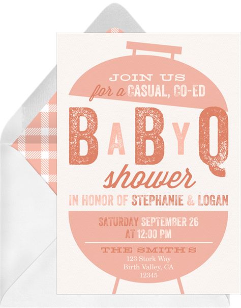 Baby Q Grill by Jen Montgomery | Greenvelope.com Baby Q Shower Invitations, Baby Barbecue Shower Ideas, Babycue Ideas, Pink Baby Q Shower Ideas, Baby Q Baby Shower Theme, Babyque Invitation, Backyard Bbq Baby Shower Ideas, Baby-q Shower, Barbeque Baby Shower Ideas