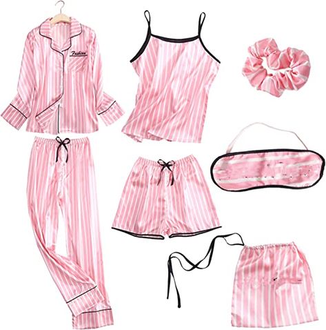 Jamron Womens 7PCS Satin Pyjama Set Spring Summer Autumn Tops & Pants Shorts Sleepwear Pink Stripes SN07655 L : Amazon.co.uk: Fashion Silk Loungewear, Pyjama Satin, Pyjamas Womens, Pink Pajamas, Women Pajamas, Pajamas Sets, Satin Pyjama Set, Womens Pyjama Sets, Sleepwear Sets