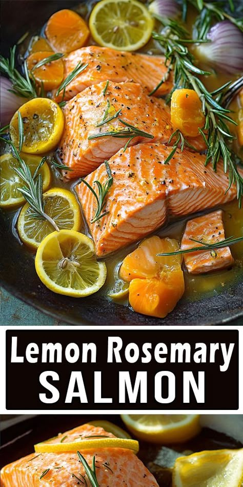 🌞 Brighten up your dinner with Lemon Rosemary Salmon! Fresh lemon and fragrant rosemary make this salmon recipe irresistible. Perfect for a quick, nutritious meal! #SalmonRecipes #LemonRosemary #HealthyDinners #LowCarb #SeafoodLovers #LightDinnerIdeas Lemon Rosemary Salmon, Rosemary Salmon, Rosemary Recipes, Lemon Salmon, Garlic Salmon, Rosemary Garlic, Lemon Rosemary, Food Fish, Food To Cook