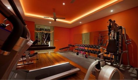 Orange Gym, Gym Lighting, Mini Gym, Basement Gym, Exercise Room, Home Gym Decor, Home Gym Design, Gym Room, Orange Walls