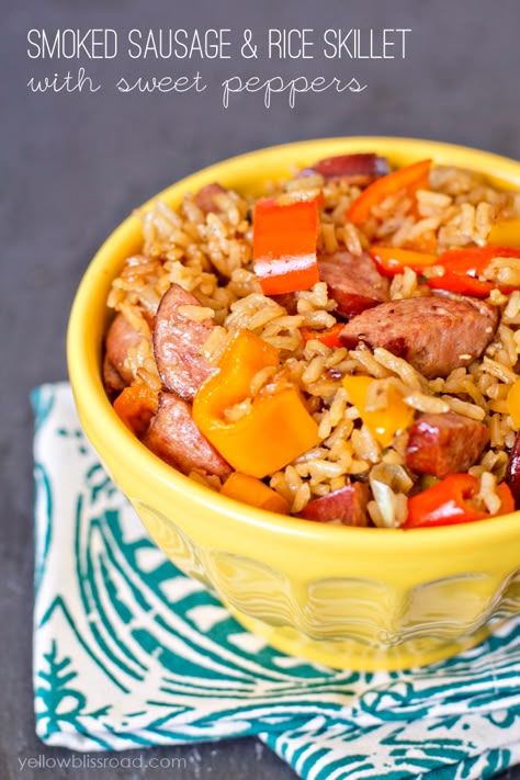 Smoked Sausage Rice, Sausage Rice Skillet, Yellow Bliss Road, Sausage Rice, Rice Skillet, Sweet Peppers, Sausage And Peppers, Quick Dinners, Pot Meals